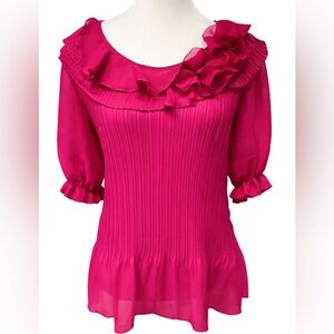 Lindor Pleated Chiffon Blouse Size 12 Fuchsia Pleated Ruffle Sheer Romantic Top
